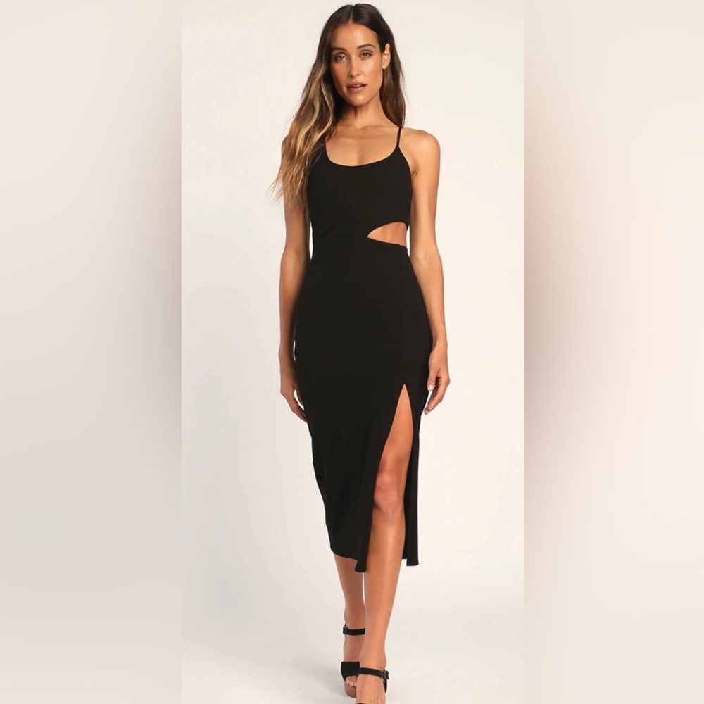 Lulu’s - A Cut Above The Rest Black Asymmetrical Cutout Midi Dress